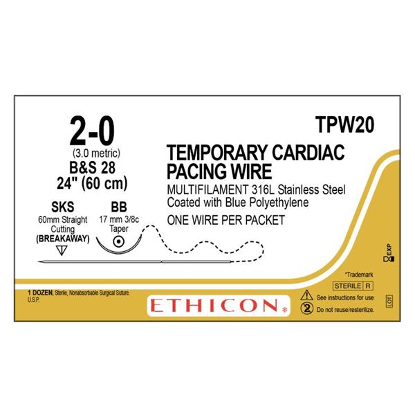 Ethicon Inc,a J & J Company Wire 2-0 B&S28 Bb/Sks Temporary Pacing Wire Dark Blue 1X24" 2Arm Mltflmnt 12/Bx - TPW20