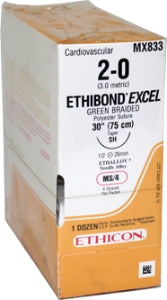 Ethibond - Suture with Needle Nonabsorbable Coated Green Suture Braided Polyester Size 2 - 0 30 Inch Suture 1-Needle 26 mm Length 1/2 Circle Taper Point Needle - MX833