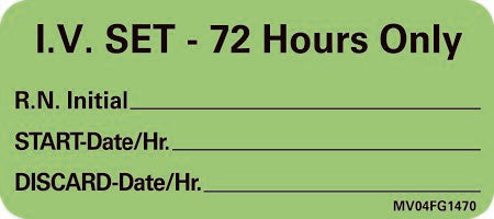 MedVision - Pre-Printed Label Anesthesia Label Green Paper IV Set- 72 Hours Only RN Int_Start_Discard_ Black Syringe Label 1 X 2-1/4 Inch - MV04FG1470
