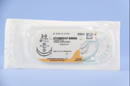 Ethibond - Suture with Needle Nonabsorbable Coated Green Suture Braided Polyester Size 2 - 0 30 Inch Suture Double-Armed 26 mm Length 1/2 Circle Taper Point Needle - X563H