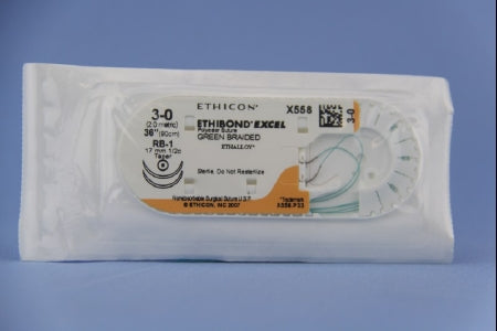 Ethibond - Suture with Needle Nonabsorbable Coated Green Suture Braided Polyester Size 3 - 0 36 Inch Suture Double-Armed 17 mm Length 1/2 Circle Taper Point Needle - X558H