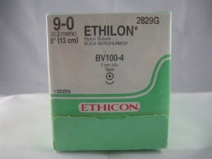Ethilon - Suture with Needle Nonabsorbable Uncoated Black Suture Monofilament Nylon Size 9 - 0 5 Inch Suture 1-Needle 5.1 mm Length 3/8 Circle Taper Point Needle - 2829G