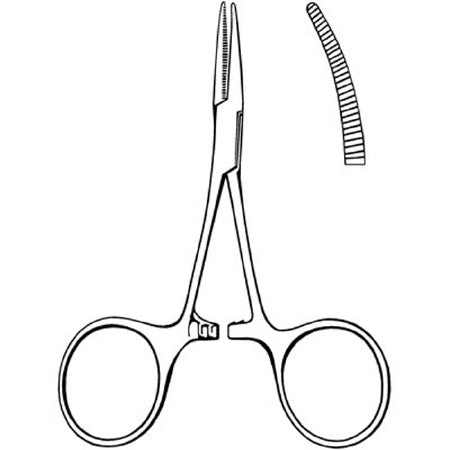 Sklar Merit Hemostatic Forceps Hartmann-Mosquito 3-1/2 Inch Physician Grade Stainless Steel NonSterile Ratchet Lock Finger Ring Handle Curved Serrated Tips - 97-421