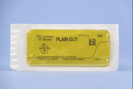 J & J Healthcare Systems - Suture with Needle Absorbable Uncoated Undyed Suture Plain Gut Size 4 - 0 12 Inch Suture 1-Needle 13 mm Length 1/2 Circle Reverse Cutting Needle - 742G