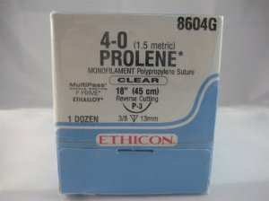 Prolene - Suture with Needle Nonabsorbable Uncoated Clear Suture Monofilament Polypropylene Suture Size 4 - 0 18 Inch Suture 1-Needle 13 mm Length 3/8 Circle Precision Point - Reverse Cutting Needle - 8604G