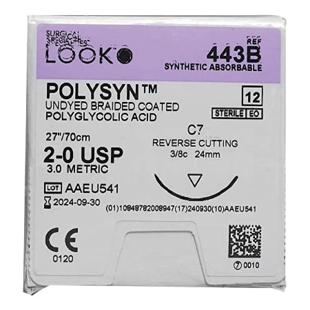 PolySyn - Suture with Needle Absorbable Coated Undyed Suture Braided Polyglycolic Acid Suture Size 2 - 0 27 Inch Suture 1-Needle 24 mm Length 3/8 Circle Reverse Cutting Needle - 443B