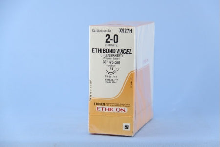 J & J Healthcare Systems Ethibond Suture with Needle Nonabsorbable Coated Green Suture Braided Polyester Size 2-0 30 Inch Suture Double-Armed 17 mm Length 3/8 Circle Taper Cut Needle - X927H