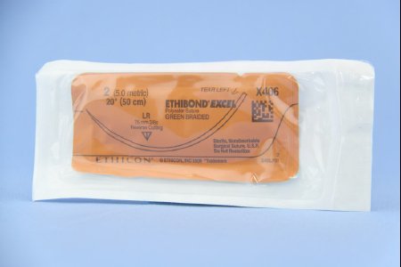 Ethibond - Suture with Needle Nonabsorbable Coated Green Suture Braided Polyester Size 2 20 Inch Suture 1-Needle 75 mm Length 3/8 Circle Reverse Cutting Needle - X406T