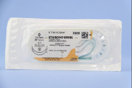 J & J Healthcare Systems Ethibond Suture with Needle Nonabsorbable Coated Green Suture Braided Polyester Size 0 36 Inch Suture Double-Armed 26 mm Length 1/2 Circle Taper Cut Needle - X905H