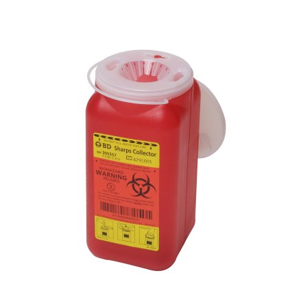 BD - Sharps Container 7-1/2 H X 3-3/5 W X 3-3/5 D Inch 1.4 Quart Red Base / Translucent Lid Vertical Entry Hinged Snap On Lid - 305557