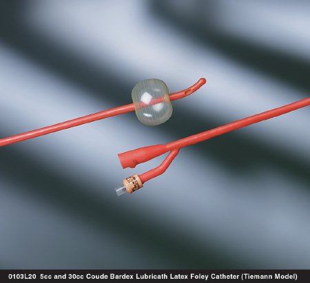 Bard Bardex Lubricath Foley Catheter 2-Way Coude Tip 30 cc Balloon 20 Fr. Hydrophilic Polymer Coated Latex - 0103L20