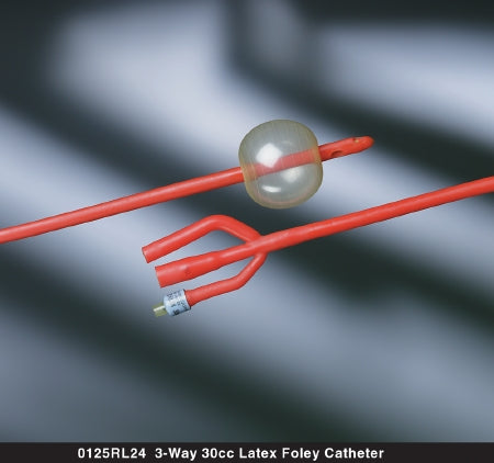 Bard Bardex Lubricath Foley Catheter 3-Way Standard Tip 30 cc Balloon 24 Fr. Red Rubber - 0125RL24