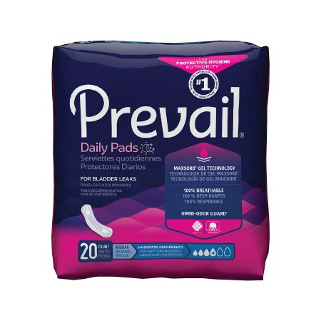 First Quality Prevail Daily Pads Bladder Control Pad 9-1/4 Inch Length Moderate Absorbency Polymer One Size Fits Most Female Disposable - BC-012