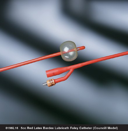 Bard Bardex Lubricath Foley Catheter 2-Way Council Tip 5 cc Balloon 18 Fr. Red Rubber - 0196L18