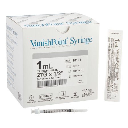 VanishPoint - Tuberculin Syringe with Needle 1 mL 27 Gauge 1/2 Inch Regular Wall Retractable Safety Needle - 10131