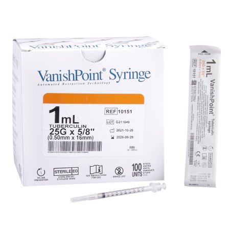 VanishPoint - Tuberculin Syringe with Needle 1 mL 25 Gauge 5/8 Inch Regular Wall Retractable Safety Needle - 10151