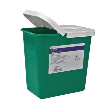 Cardinal SharpSafety Non-Infectious Waste Container 17-3/4H X 11W X 15-1/2D Inch 8 Gallon Green Base / White Lid Vertical Entry Hinged Lid - 8781