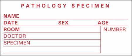 Timemed - Pre-Printed Label Laboratory Use White Pathology Specimen, Name, Date, Sex, Age, Room, Doctor, Speciment, Number Red Lab / Specimen 1-1/2 X 3-1/2 Inch - SP-4