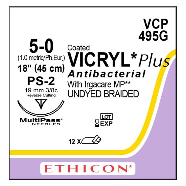 Ethicon Inc,a J & J Company Suture 5-0 Tcs/Pg910 Ps-2 Coated Vicryl Plus Undyed 18" Braid 12/Bx - VCP495G