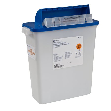 Cardinal PharmaSafety Pharmaceutical Waste Container Nestable 16-1/2 H X 13-3/4 W X 6 D Inch 3 Gallon White Base / Blue Lid Horizontal Entry Counterbalance Lid - 8836SA