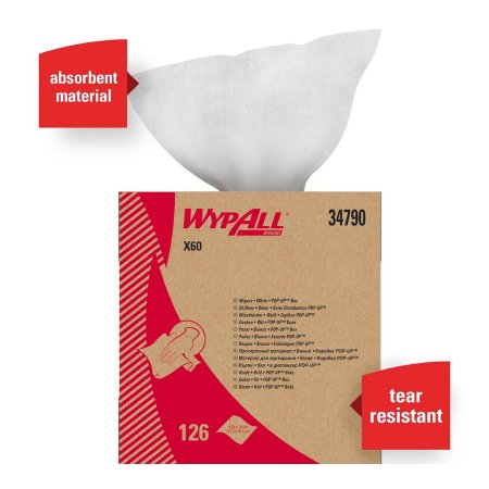 WypAll X60 - Task Wipe Light Duty White NonSterile Cellulose / Polypropylene 9-1/10 X 16-4/5 Inch Reusable - 34790