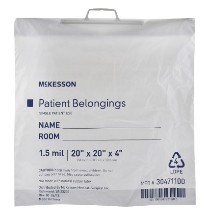 McKesson McKesson Patient Belongings Bag 4 X 20 X 20 Inch Polyethylene Snap Closure White - 30471100