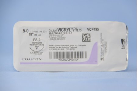 Coated Vicryl Plus Antibacterial Suture with Needle Absorbable Coated Undyed Suture Braided Polyglactin 910 with Irgacare MP Antibacterial Suture Size 5-0 18 Inch Suture 1-Needle 19 mm Length 3/8 Circle Precision Point - Reverse Cutting Needle