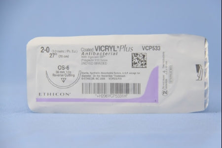 Coated Vicryl Plus Antibacterial Suture with Needle Absorbable Coated Undyed Suture Braided Polyglactin 910 with Irgacare MP Antibacterial Suture Size 2-0 27 Inch Suture 1-Needle 36.4 mm Length 1/2 Circle Reverse Cutting Needle