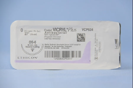 Coated Vicryl Plus - Antibacterial Suture with Needle Absorbable Coated Undyed Suture Braided Polyglactin 910 with Irgacare MP Antibacterial Suture Size 0 27 Inch Suture 1-Needle 36.4 mm Length 1/2 Circle Reverse Cutting Needle - VCP534H