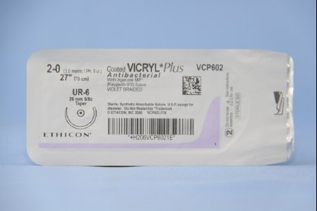 Coated Vicryl Plus - Antibacterial Suture with Needle Absorbable Coated Violet Suture Braided Polyglactin 910 with Irgacare MP Antibacterial Suture Size 2 - 0 27 Inch Suture 1-Needle 26 mm Length 5/8 Circle Taper Point Needle - VCP602H