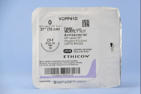 Coated Vicryl Plus - Antibacterial Suture with Needle Absorbable Coated Undyed Suture Braided Polyglactin 910 with Irgacare MP Antibacterial Suture Size 0 27 Inch Suture 1-Needle 36 mm Length 1/2 Circle Taper Point Needle - VCPP41D