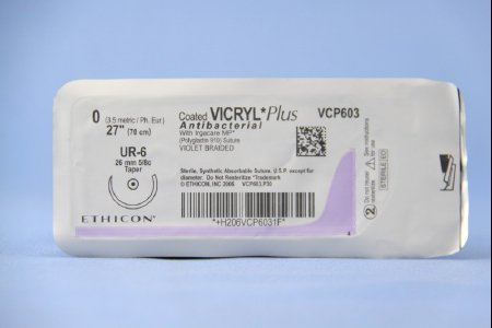 Coated Vicryl Plus - Antibacterial Suture with Needle Absorbable Coated Violet Suture Braided Polyglactin 910 with Irgacare MP Antibacterial Suture Size 0 27 Inch Suture 1-Needle 26 mm Length 5/8 Circle Taper Point Needle - VCP603H