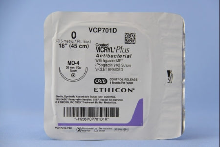 Coated Vicryl Plus Antibacterial Suture with Needle Absorbable Coated Violet Suture Braided Polyglactin 910 with Irgacare MP Antibacterial Suture Size 0 18 Inch Suture 1-Needle 36.4 mm Length 1/2 Circle Taper Point Needle
