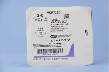 Coated Vicryl Plus - Antibacterial Suture with Needle Absorbable Coated Violet Suture Braided Polyglactin 910 with Irgacare MP Antibacterial Suture Size 2 - 0 18 Inch Suture 1-Needle 26 mm Length 1/2 Circle Taper Point Needle - VCP726D