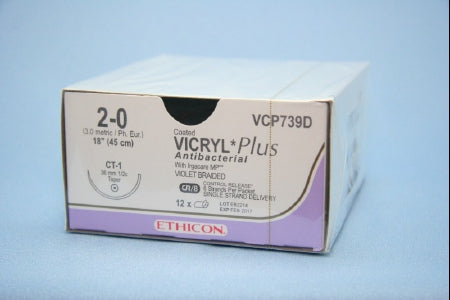 Coated Vicryl Plus - Antibacterial Suture with Needle Absorbable Coated Violet Suture Braided Polyglactin 910 with Irgacare MP Antibacterial Suture Size 2 - 0 18 Inch Suture 1-Needle 36 mm Length 1/2 Circle Taper Point Needle - VCP739D