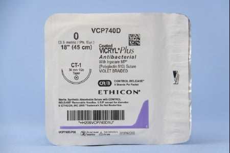 J & J Healthcare Systems Coated Vicryl Plus Antibacterial Suture with Needle Absorbable Coated Violet Suture Braided Polyglactin 910 with Irgacare MP Antibacterial Suture Size 0 18 Inch Suture 1-Needle 36 mm Length 1/2 Circle Taper Point Needle - VCP740D