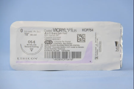 Coated Vicryl Plus Antibacterial Suture with Needle Absorbable Coated Undyed Suture Braided Polyglactin 910 with Irgacare MP Antibacterial Suture Size 0 18 Inch Suture 1-Needle 36.4 mm Length 1/2 Circle Reverse Cutting Needle