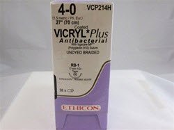 Coated Vicryl Plus - Antibacterial Suture with Needle Absorbable Coated Undyed Suture Braided Polyglactin 910 with Irgacare MP Antibacterial Suture Size 4 - 0 27 Inch Suture 1-Needle 17 mm Length 1/2 Circle Taper Point Needle - VCP214H