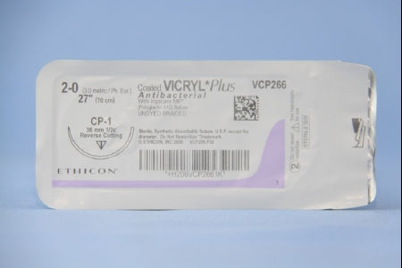 Coated Vicryl Plus Antibacterial Suture with Needle Absorbable Coated Undyed Suture Braided Polyglactin 910 with Irgacare MP Antibacterial Suture Size 2-0 27 Inch Suture 1-Needle 36 mm Length 1/2 Circle Reverse Cutting Needle