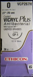 Coated Vicryl Plus Antibacterial Suture with Needle Absorbable Coated Undyed Suture Braided Polyglactin 910 with Irgacare MP Antibacterial Suture Size 0 27 Inch Suture 1-Needle 36 mm Length 1/2 Circle Reverse Cutting Needle