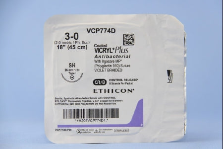 Coated Vicryl Plus - Antibacterial Suture with Needle Absorbable Coated Violet Suture Braided Polyglactin 910 with Irgacare MP Antibacterial Suture Size 3 - 0 18 Inch Suture 1-Needle 26 mm Length 1/2 Circle Taper Point Needle - VCP774D