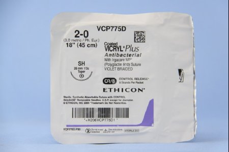 Coated Vicryl Plus Antibacterial Suture with Needle Absorbable Coated Violet Suture Braided Polyglactin 910 with Irgacare MP Antibacterial Suture Size 2-0 18 Inch Suture 1-Needle 26 mm Length 1/2 Circle Taper Point Needle