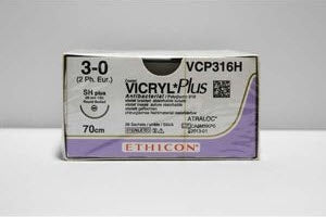 Coated Vicryl Plus - Antibacterial Suture with Needle Absorbable Coated Violet Suture Braided Polyglactin 910 with Irgacare MP Antibacterial Suture Size 3 - 0 27 Inch Suture 1-Needle 26 mm Length 1/2 Circle Taper Point Needle - VCP316H