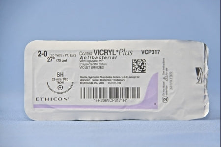 Coated Vicryl Plus - Antibacterial Suture with Needle Absorbable Coated Violet Suture Braided Polyglactin 910 with Irgacare MP Antibacterial Suture Size 2 - 0 27 Inch Suture 1-Needle 26 mm Length 1/2 Circle Taper Point Needle - VCP317H