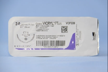 Coated Vicryl Plus Antibacterial Suture with Needle Absorbable Coated Violet Suture Braided Polyglactin 910 with Irgacare MP Antibacterial Suture Size 2-0 27 Inch Suture 1-Needle 36 mm Length 1/2 Circle Taper Point Needle