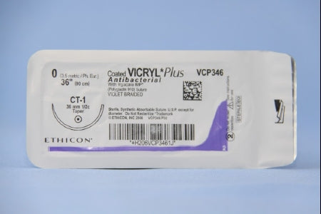 J & J Healthcare Systems Coated Vicryl Plus Antibacterial Suture with Needle Absorbable Coated Violet Suture Braided Polyglactin 910 with Irgacare MP Antibacterial Suture Size 0 36 Inch Suture 1-Needle 36 mm Length 1/2 Circle Taper Point Needle - VCP346H