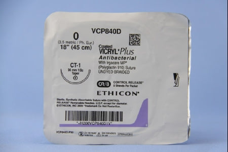 Coated Vicryl Plus - Antibacterial Suture with Needle Absorbable Coated Undyed Suture Braided Polyglactin 910 with Irgacare MP Antibacterial Suture Size 0 18 Inch Suture 1-Needle 36 mm Length 1/2 Circle Taper Point Needle - VCP840D