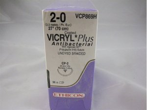 Coated Vicryl Plus Antibacterial Suture with Needle Absorbable Coated Undyed Suture Braided Polyglactin 910 with Irgacare MP Antibacterial Suture Size 2-0 27 Inch Suture 1-Needle 26 mm Length 1/2 Circle Reverse Cutting Needle