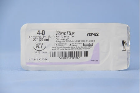Coated Vicryl Plus Antibacterial Suture with Needle Absorbable Coated Undyed Suture Braided Polyglactin 910 with Irgacare MP Antibacterial Suture Size 4-0 27 Inch Suture 1-Needle 19 mm Length 3/8 Circle Reverse Cutting Needle