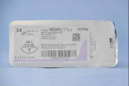 Coated Vicryl Plus Antibacterial Suture with Needle Absorbable Coated Undyed Suture Braided Polyglactin 910 with Irgacare MP Antibacterial Suture Size 3-0 27 Inch Suture 1-Needle 24 mm Length 3/8 Circle Reverse Cutting Needle
